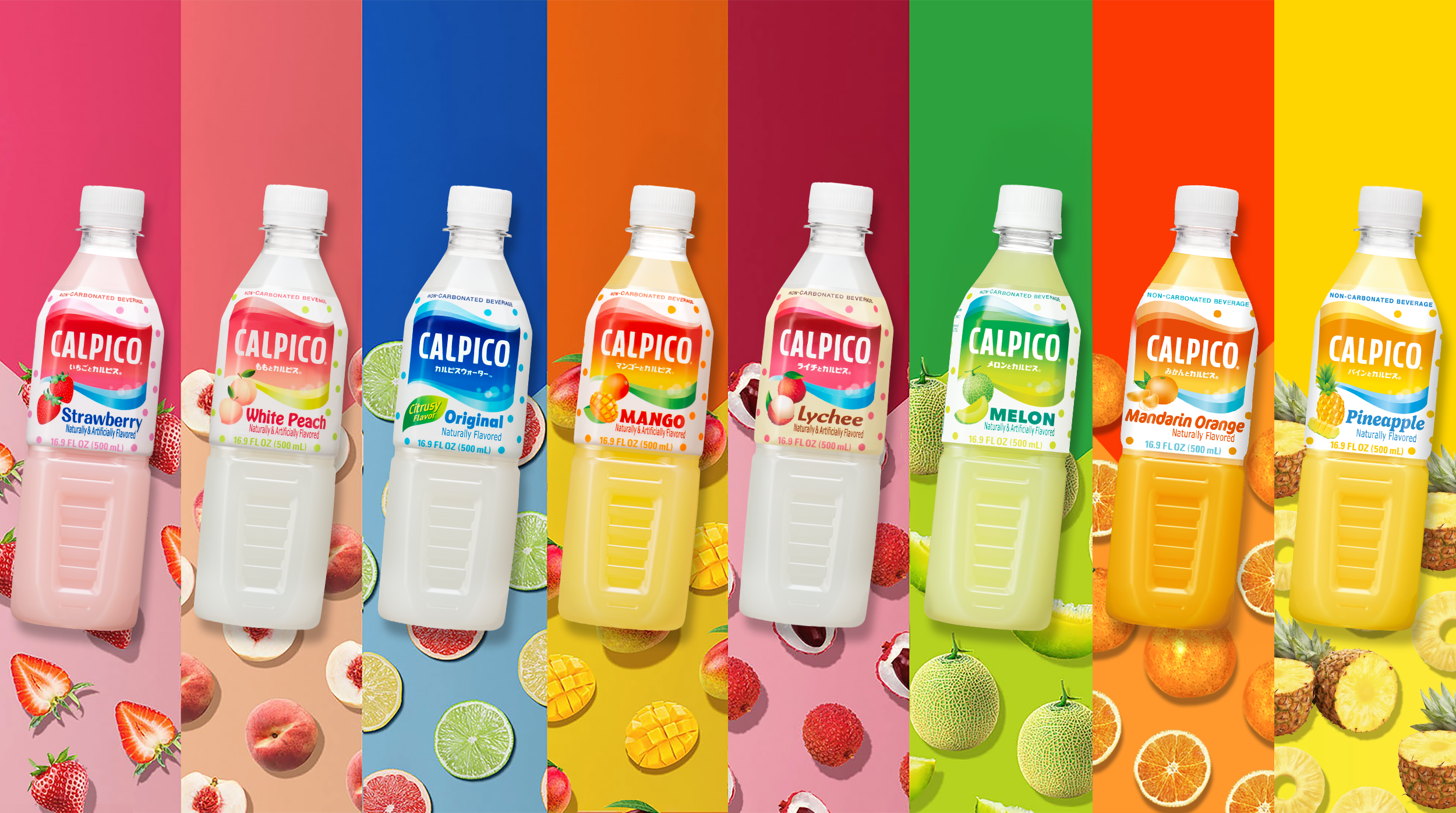 Stacked collage of CALPICO 16.9 fl oz (500 mL) bottles arranged in horizontal color bands, featuring Strawberry, White Peach, Original, Mango, Lychee, Melon, Mandarin Orange, and Pineapple flavors. Each section includes matching fresh fruit on vibrant backgrounds that correspond to the flavor color.